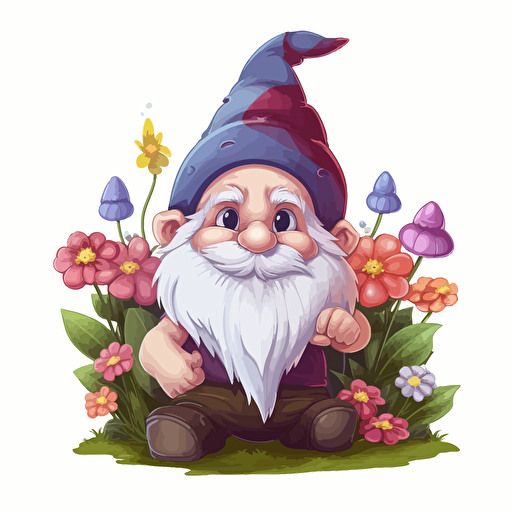 cute gnome, flowers, detailed, cartoon style, 2d clipart vector, creative and imaginative, hd, white background