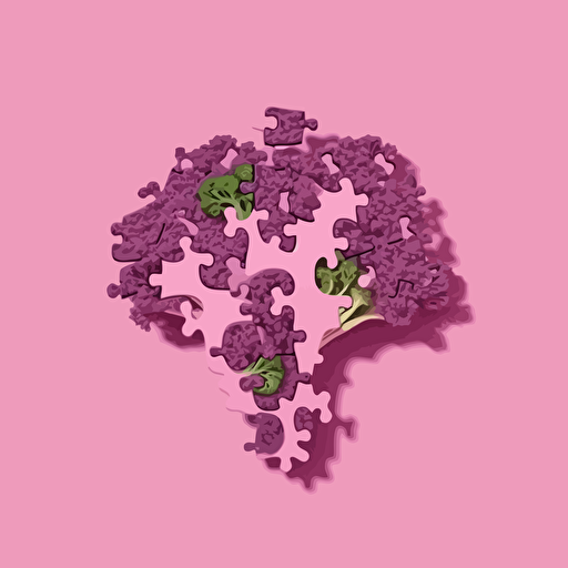 simple broccoli puzzle, pink solid background, minimalist, vector