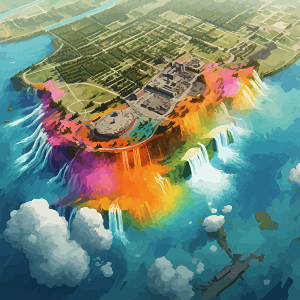 an areal illustration, vector of Niagara Falls as seen from a helicopter, aspect ration 16:9, sharp, colorful, summer, vibrant, mist, artistic v 5.1