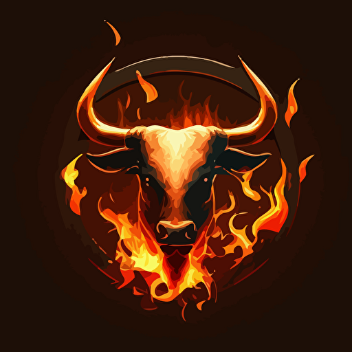an emblem of a mad bovine on fire, vector, simple