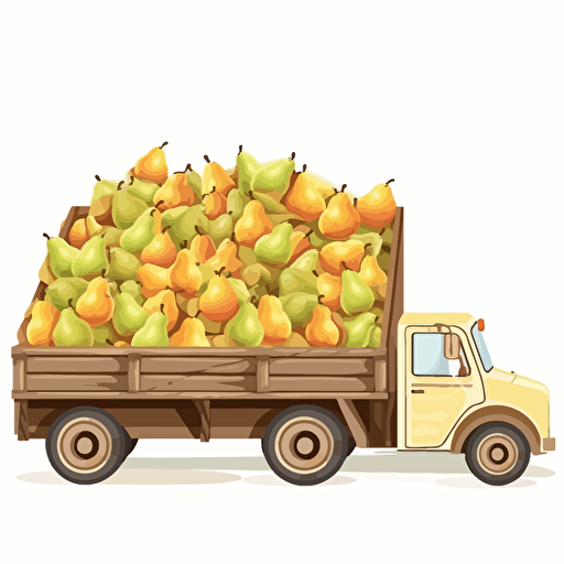 old country truck with wooden trailer full of yellow-white pears only, pears falling from the trailer, colorfull, vivid colors, white background, vector style