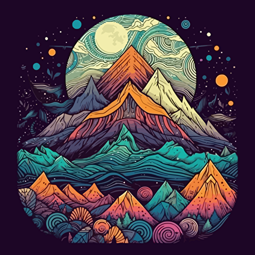 hand drawn mountain and moon triangular vector poster design elaborate bright colors, happy and full of life