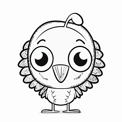 cute turkey in farm, big cute eyes, pixar style, simple outline and shapes, coloring page black and white comic book flat vector, white background