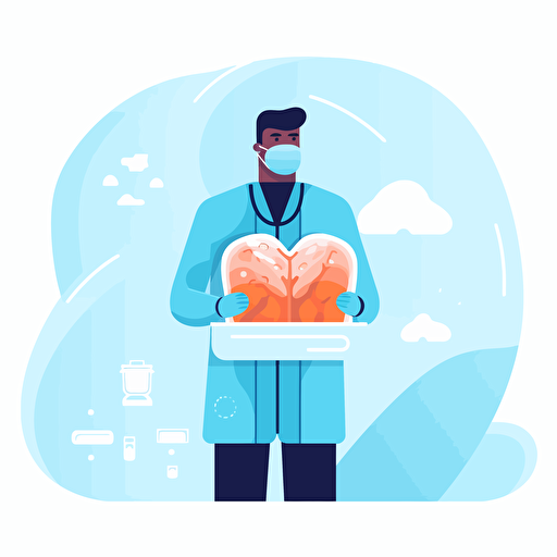 a medical doctor holding a box full of ice, and on top of the ice there is a liver organ, in a hospital, before transplanting the organ to a patient, simple vector style
