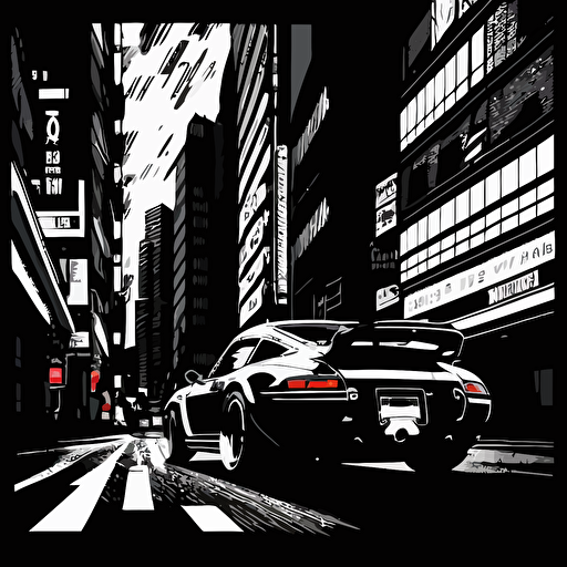 porsche 911, illustration, sin city style driving in tokio street, 2d vector art