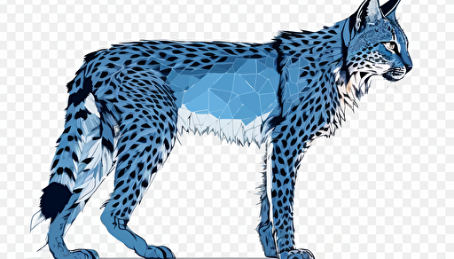 2d, coloring page, simple, sprite, vector line drawing of a transparent, polygonal computerized lynx, blue color #11375c, #a9c9e7, side view