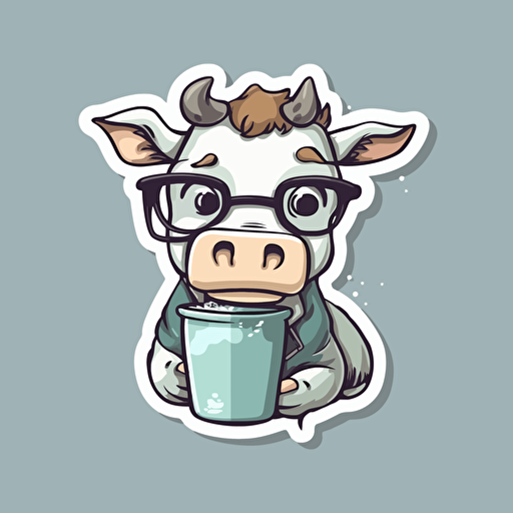 Cute Cow wearing glasses and drinking milk, illustration style, Minimalistic, Simple, illustration, 2D, Vector, Sticker