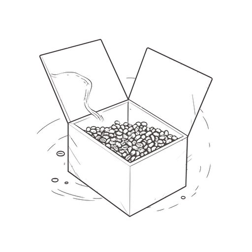 Open box with coffee beans inside, white background, line drawing illustration, vector, simple, minimalist