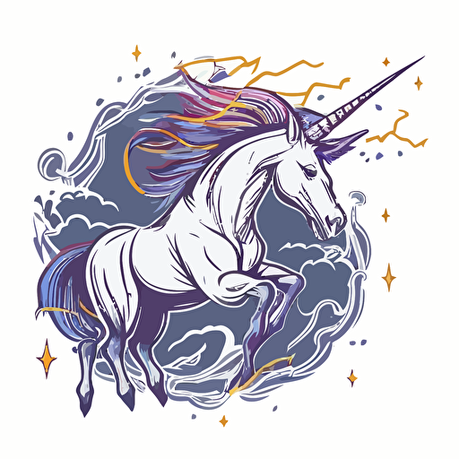 unicorn with storm and lightning behind it, vector logo, vector art, emblem, simple cartoon, 2d, no text, white background