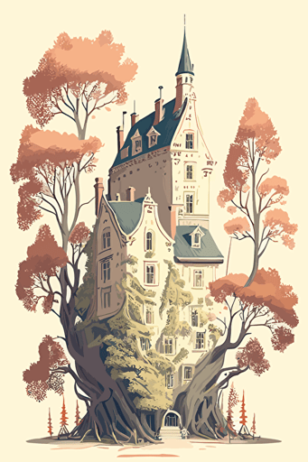 vector drawing of a castle, a storybook illustration, inspired by Tove Jansson, cg society contest winner, detailed trees, procreate illustration, subtle pale colors, houses and buildings