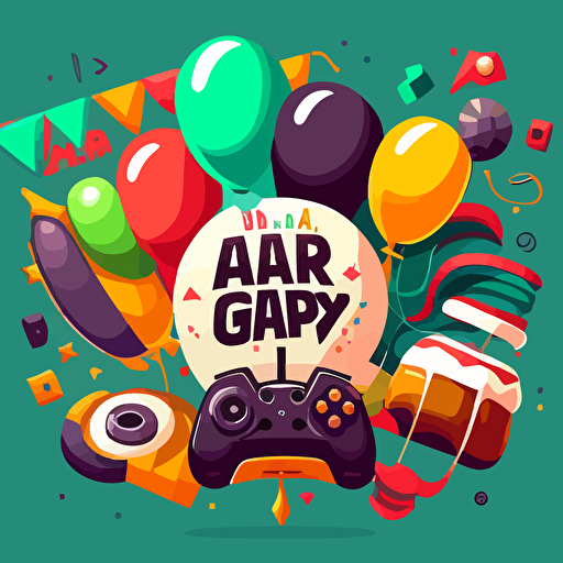 happy birthday mixed with gaming, balloons, cakes and gaming stuff, vector gaphics, flat background ar