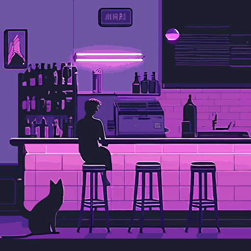 vectors, vectors art, simple, pastel lavender, retro modern, neon, cat by the bar, simple, 2d