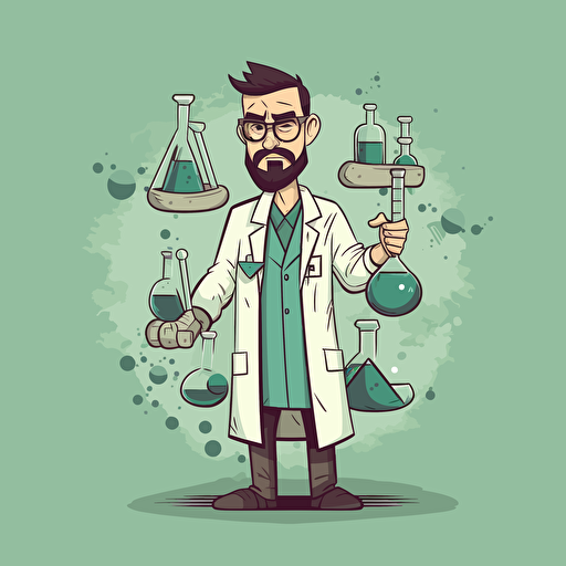 make a cartoon image out of this guy, with a chemist robe holding a lab equipment. 2d art, vector.