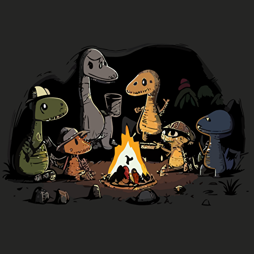 stick figure dinosaurs all hanging out around a campfire, vector, cartoon stick figures, simple