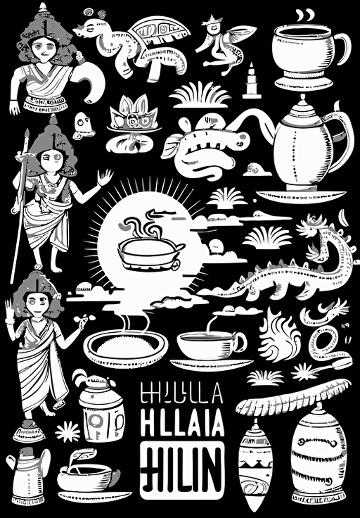 white vector doodles pattern of bihu, assam, dragon, tea, india, travel, information, food, media vector, vector, in the style of fujifilm eterna 500t, mysterious backdrops, chilling creatures, stephen hillenburg, light white and silver, texture exploration, webcam