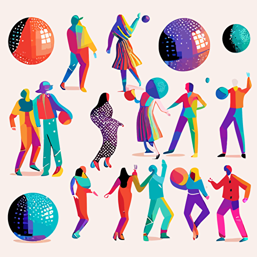 32 spaced out vectors 90s disco themed some people dancing some disco balls some cool typeface no shadows white background