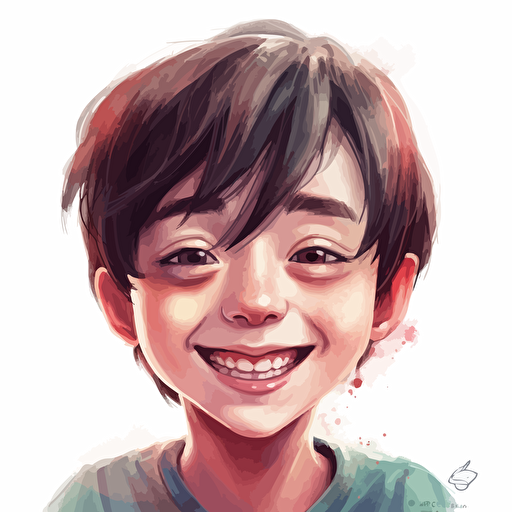 White background, color Pencil sketch by Leng Junm, head, big eyes, vector of a cute happy, a boy::2, smile,