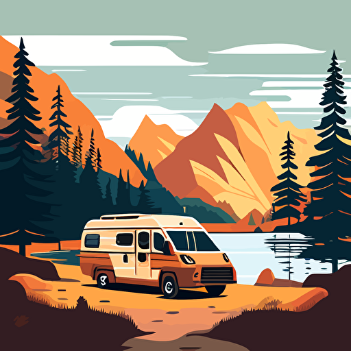 Create a scene at a campground by a lake with 2023 dodge promaster passenger van parked by the lake in the background. vector image. Trees and mountains with natural colors