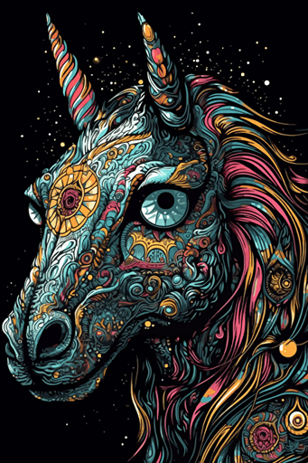 a unicorn with laser eyes, art style of studio ghibli, detail! Detail! Detail!, new school design cartoon, Vector, 100% black background,