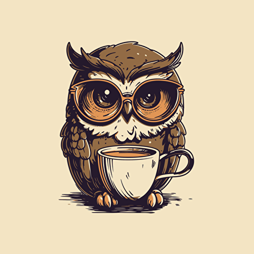 Funny Owl wearing glasses and drinking tea, illustration style, Minimalistic, illustration, vector, Sticker style