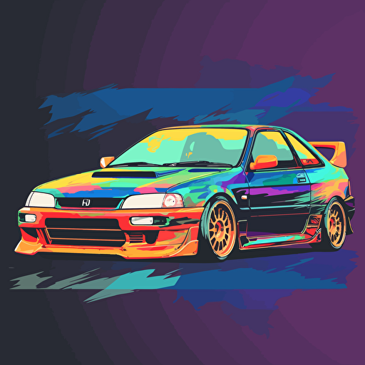 vector style jdm car, multi color background, high quality, highlight color, limited colors,