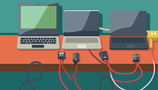 bight and colorful vector image showing extension cords plugged into a a latop sitting on a desk