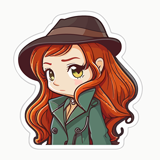 sticker, Happy Colorful female Sherlock Holmes with long red hair, kawaii, contour, vector, white background