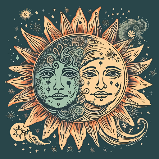 Boho sun and moon. Vector magic illustration with celestial symbols, bogo style