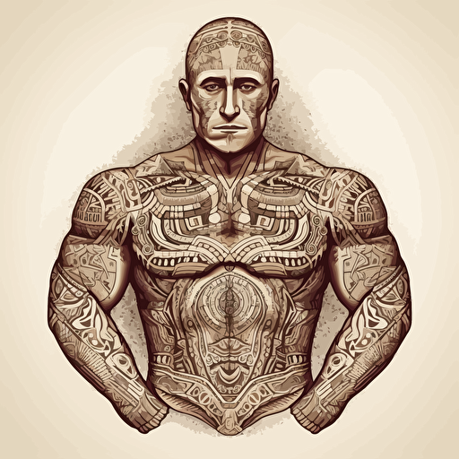 Putin, torso, vector, highly detailed, gritty, Aztec tatoos