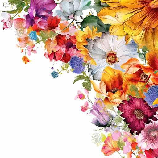 dozens of flowers, white background, high resolution image, beautiful flowers, hyper detailed, vector design around the edges