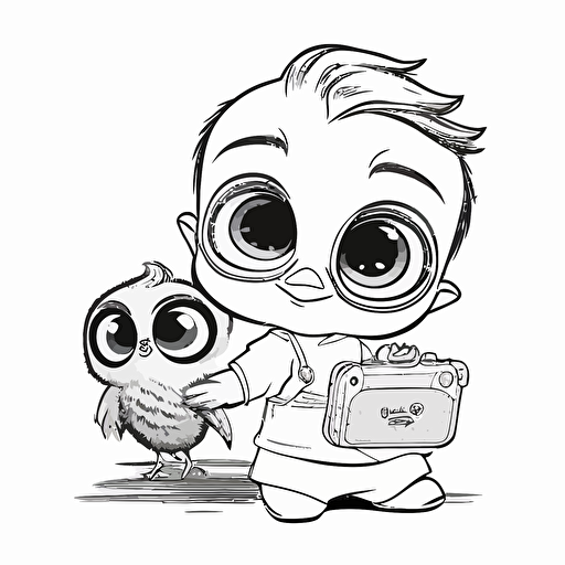 A cute baby caw, vector, black and white, coloring page, disney on selfie