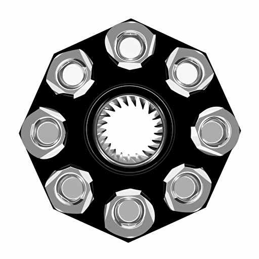 a basic 6 sided pal nut fastener with 8 small indents on the inside. black and white. symmetrical. silohette. vector clipart