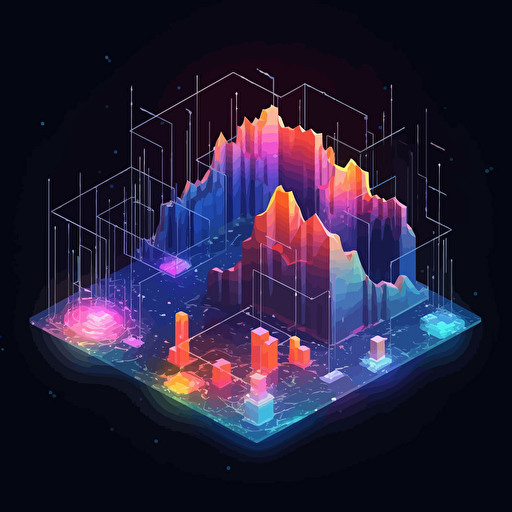 visualize multilevel data connection map as iridescent geometric overlay, isometric, vector shapes, nature terrain theme, magical