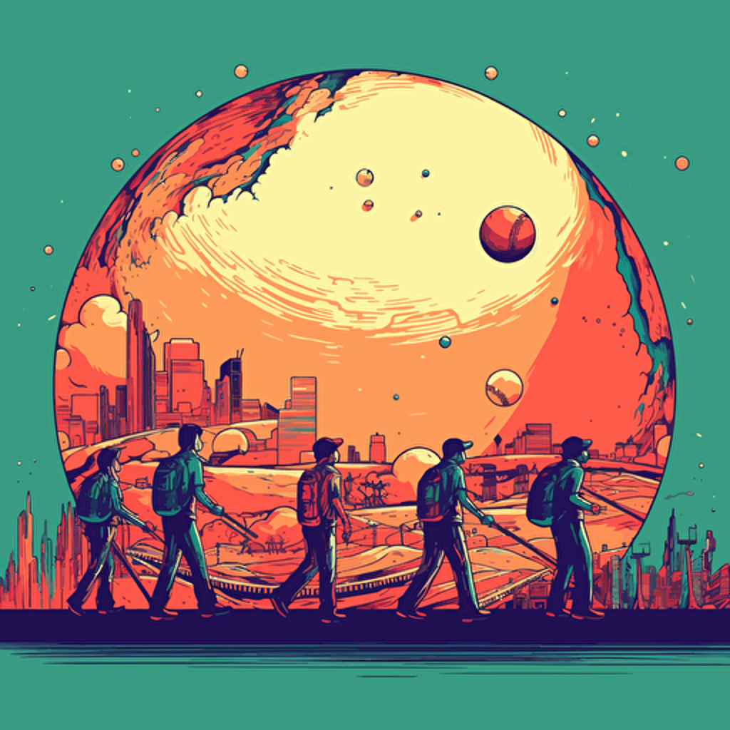 Vector illustration of a baseball planet, with baseball players walking around it, in vivid colors.