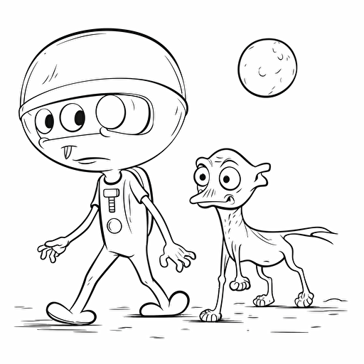 alien walking his alien dog, cartoon, coloring page, vector, simple