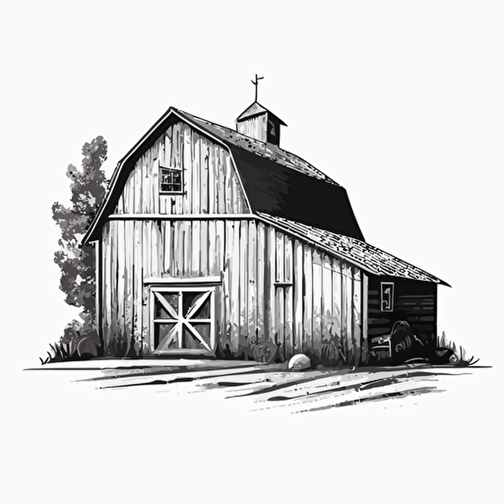 rustic barn in style of charles williams, black and white, flat, vector, line drawling, white background ar 1:1