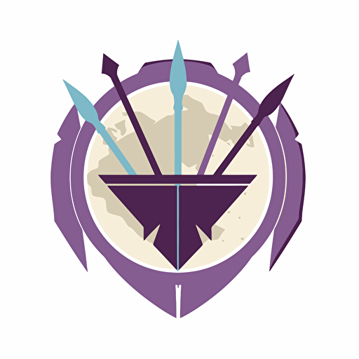 Three sticks with arrows in the middle, shield, global imagery, orderaly arrangements, precisionist style, white background, purple tones, no image noise, flat vector illustration