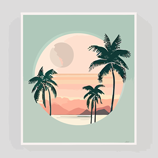 vector, illustration, minimalistic, sundown, beach, palms, ocean, 80‘s, pastel colors
