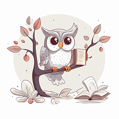 kids storybook style, a happy Owl reading a book, gray color, cream color owl, sitting on a branch, white background, vector illustration, illustration