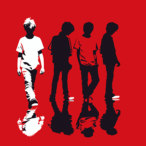 4 boy, Brash, TGIF, white color, red background, simple design, vector style, white outline over silhouette