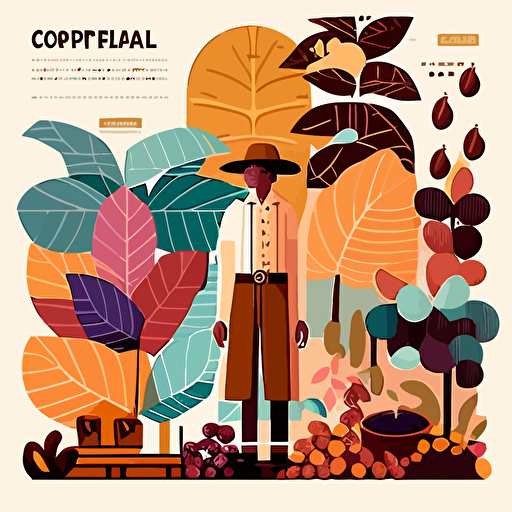 coffee crops illustration, coffee bean, grower, 2d vectors, geometric, colors inspired by Colombia