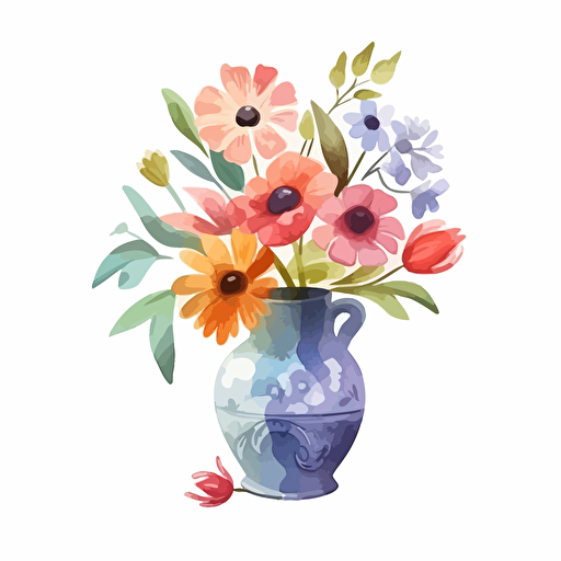 vase of flowers, detailed, cartoon style, 2d watercolor clipart vector, creative and imaginative, hd, white background
