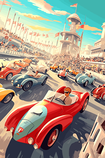poster cartoon style, 1950's racing event, speed, flags, hot wheels loops::2, spectators, summer, vector art, light colours,