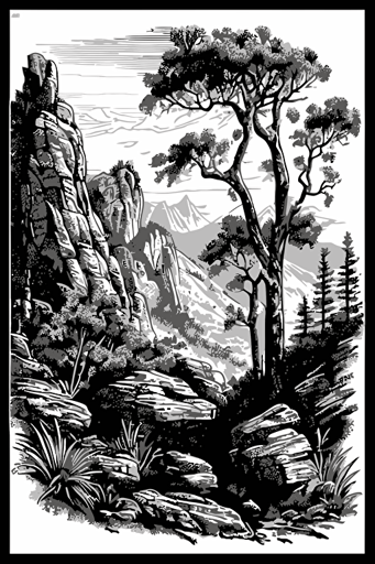 an illustration of forest and mountains in a rocky landscape vector, in the style of meticulous inking, herb trimpe, martin grelle, carving, black and white drawings, high-contrast shading, native australian motifs