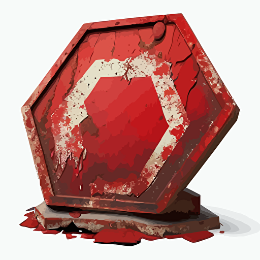 a red octagonal traffic sign, decayed and rotting, freestanding but tilted to the side like it's been hit by something, and then abandoned for years, vector, no background