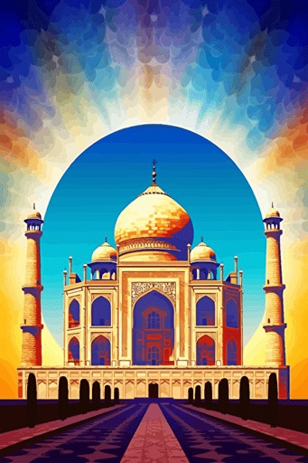 taj mahal, honeycomb amorphous mosaic background, bright lighting, summer vibrant colors, blue sky, sun in sky, faint clouds, front view, vector,