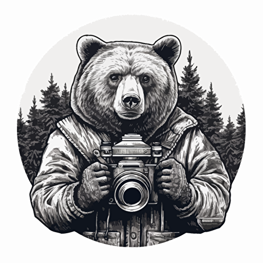 bear looking through binoculars, vector icon, black and white, white background, simple vector ::vwoodcut style