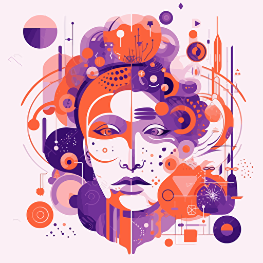 flat modern vector image of the concept of immersion, complemenatry colours, bright orange and purple, high resolution, white background, creative visualization, detailed