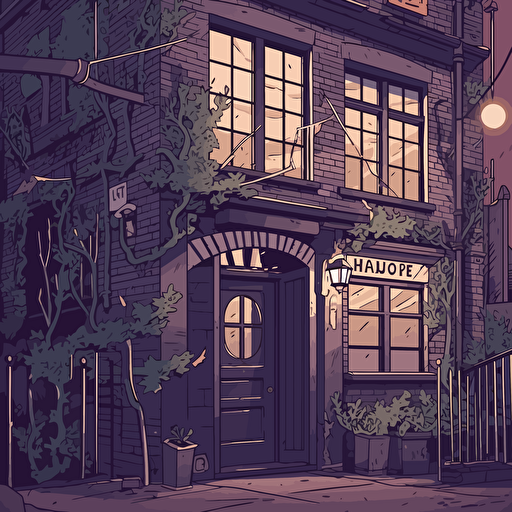 vector illustration. flat design. white and purple color scheme. The hideout is an old, run-down building in the heart of London's East End. The exterior is draped in cobwebs and vines, with boarded-up windows and a rusted iron gate. Inside, the space is dimly lit by flickering candles and hanging lanterns. The walls are adorned with strange symbols and markings, and the air is thick with the smell of incense and burning herbs. In the center of the room, there is a large, ornate altar made of dark wood and adorned with intricate carvings. Behind the altar, a massive black curtain hides a secret chamber where the voodoo clan conducts their mysterious rituals and practices their dark magic.