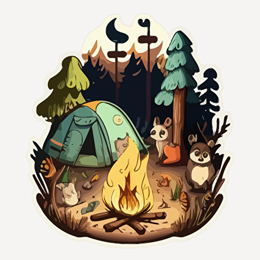 cartoon campsite, woodland animals, campfire, vector art sticker